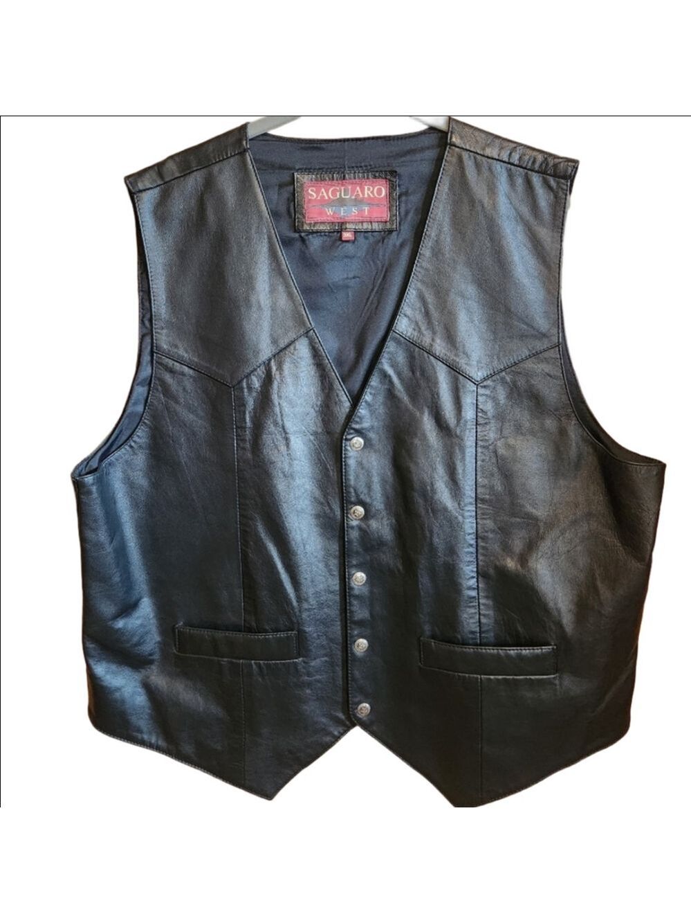 Vintage Saguaro West Trading Co Black Leather Western Biker Snap Front Vest 3XL